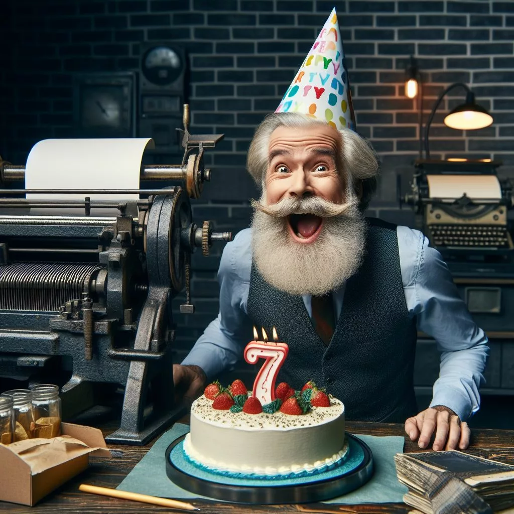 An excited old english bearded gentleman excitedly wearing a birthday hat, a printing press in the background, and blowing out a "7" candle on a birthday cake